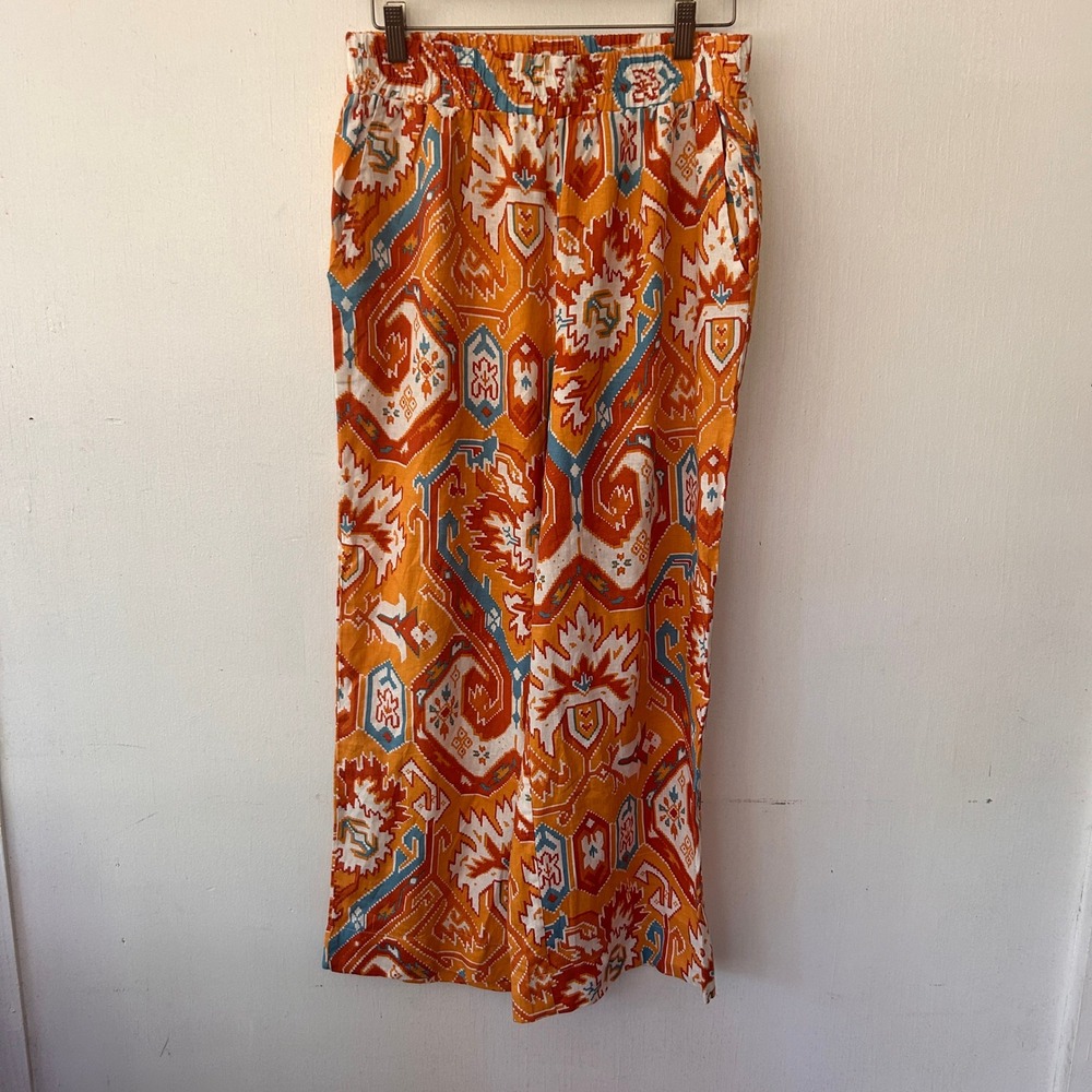 Christian Siriano Pants Women M Orange Ikat Linen Blend Wide Leg Boho Resortwear